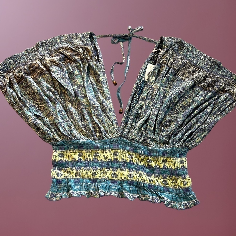 FREE PEOPLE Next Vacation Deep V-Neck Open Back Smocked Waist Top NWT/MD - Picture 11 of 14